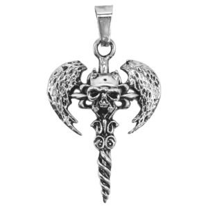 Stainless Steel Cross w/ Skull & Wings Pendant