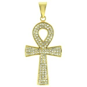 Stainless Steel Jeweled Gold PVD Ank Cross Pendant