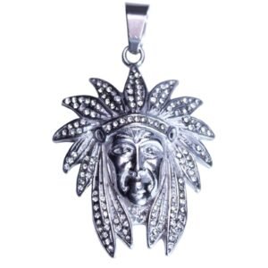 Stainless Steel Silver Native American Chief with CZ Encrusted Headdress Pendant