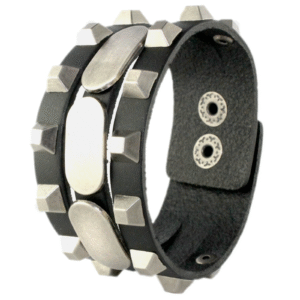 Three Sectioned Black Leather Bracelet with Steel Tone Plates and Pyramid Studs