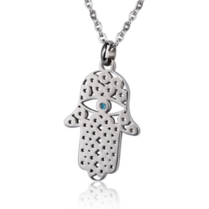 Stainless Steel Hamsa Pendant With Aquamarine CZ Stone