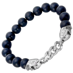 Stretch St. Steel Bracelet w/ Matte Solid Black Bead & Skull Accent