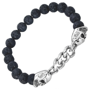 Stretch St. Steel Bracelet w/ Lava Bead & Skull Accent
