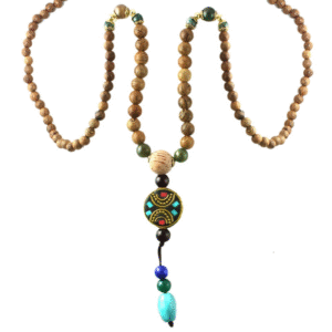 Wood Beaded Necklace with Turquoise Tassel