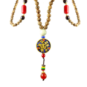 Wood Beaded Necklace with Red Stone Tassel