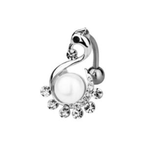 Beautiful Swan Reverse Belly Ring with CZ Stones and a Faux Pearl