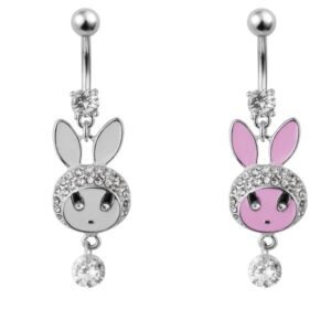 Stainless Steel Jeweled Belly Ring with Rabbit Design
