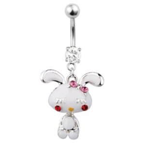 Stainless Steel Jeweled Belly Ring with Jeweled White Rabbit Design