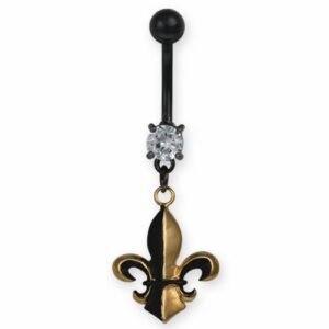 Black PVD Belly Ring With Black And Gold Fleur-De-Lis Dangle