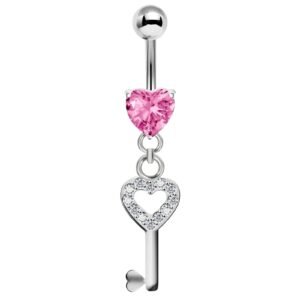 Stainless Steel Dangling Heart Key Belly Ring w/ Pink Heart Shaped Stone