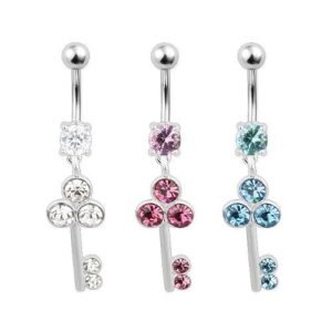 Stainless Steel Jeweled Dangling Key Belly Ring Accented with Clear CZ Stones