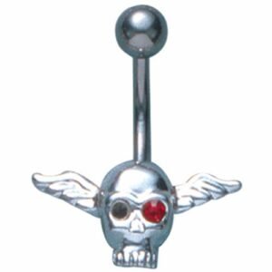 Surgical Steel Body Piercing Navel Belly Ring with Skull and Single Red Jeweled Eye
