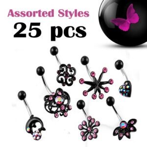 25pcs PCK - Black Acrylic Casting Navel Rings Package with Jeweled Accents