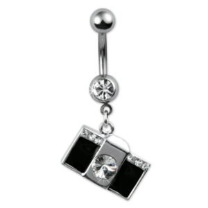 Surgical Steel Body Piercing Jeweled Belly Ring with Black Camera and Clear CZ
