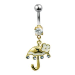 Jeweled Belly Ring with Dangling Gold PVD Umbrella