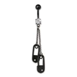 Black Curved Single Stone Belly Ring With Two Dangle Safety Pins
