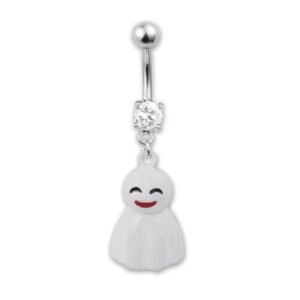 Stainless Steel Jeweled Belly Ring with White Little Ghost