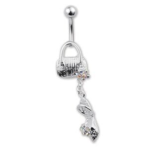 Surgical Steel Curved Belly Ring With Handbag and Dangle Jeweled Sandal
