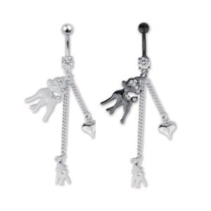 Stainless Steel Jeweled Curved Belly Ring With Dangling Deer and Heart Charms