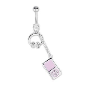 Curved Belly Ring With Jeweled Headphones And Dangling Music Player