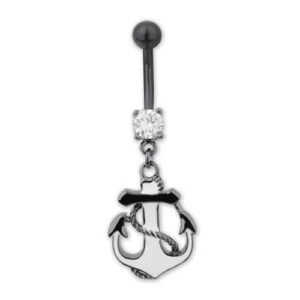 Black PVD Belly Ring With CZ Stone And Dangling Two Tone Anchor