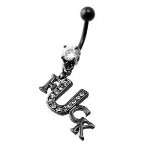 Black PVD Coated Navel Ring With Hanging Word and CZ Letter