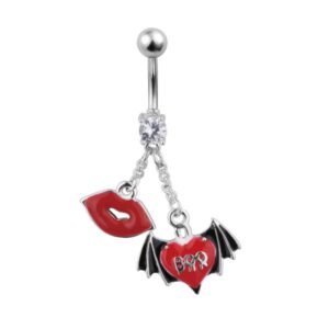 Stainless Steel Jeweled Belly Ring with Dangling Red Lips and Red Heart Bat Design