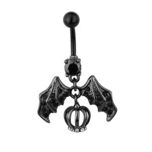 Stainless Steel Black PVD Dangling Belly Ring with Jeweled Bat Design and CZ Charm