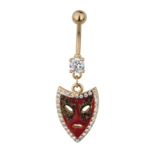 Stainless Steel Gold PVD Jeweled Belly Ring with Red Mask Shield