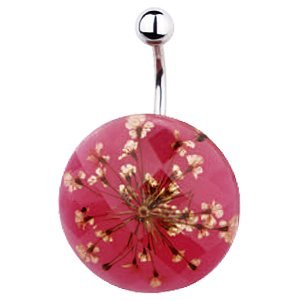 Circular Belly Ring with Dried Floral Burst with a Diamond Cut Resin Overlay