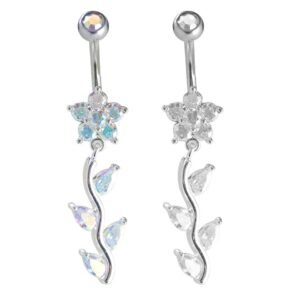 Surgical Steel Jeweled Flower Belly Ring With Dangling Stem And Stones