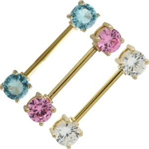 Gold PVD Prong Set Double Jeweled Nipple Barbell