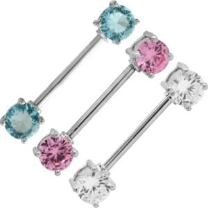Stainless Steel Prong Set Double Jeweled Nipple Barbell