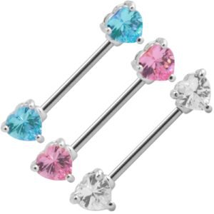 Stainless Steel Heart Shaped Prong Set Double Jeweled Nipple Barbell
