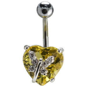 Heart Shaped Stoned Belly Ring With A Jeweled Butterfly