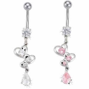 Glamorous Belly Ring With Three Hearts Cascading Down From Largest to Smallest.