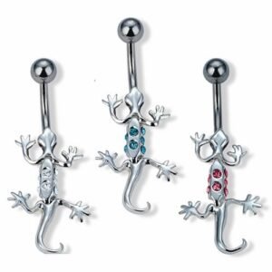 Gecko Belly Ring With Stones Encrusted On Its Body-- The tail of the Gecko Moves