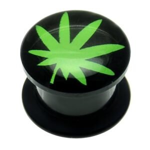 Black Polysafe Flesh Tunnel Internally Threaded Plug W/ Pot Leaf Design