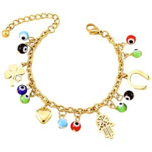 Stainless Steel Gold PVD Bracelet w/ Evil Eye and Hamsa Charms