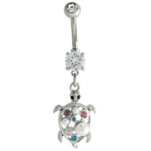 Multi Color Stone Belly Ring With Turtle Dangle
