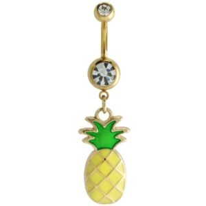 Gold Two Stone Belly Ring With Pineapple Dangle