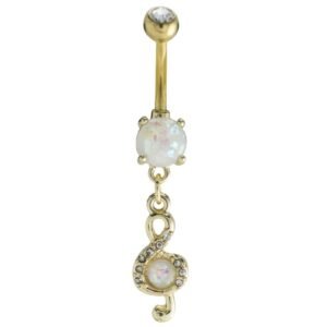 Stainless Steel CZ Music Note Dangle with White opal Belly Ring