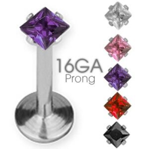 Surgical Steel Internally Threaded Labret With Princess Cut Shaped Stone