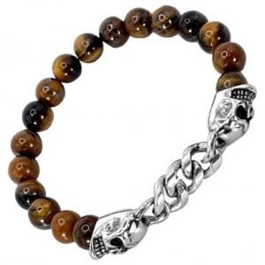 Stretch St. Steel Bracelet w/ Tiger Eye Bead & Skull Accent