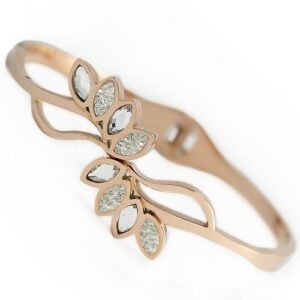 Rose Gold Stainless Steel Bangle With Leaf Design and CZ Accents