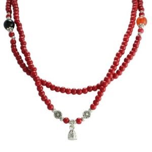 Red Bead with Stainless Steel Lotus Flower Pendant