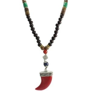 Black Wood Beaded Necklace with Red Tusk Pendant