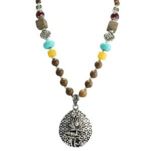 Brown Wood Bead with Stainless Steel Lotus Pendant
