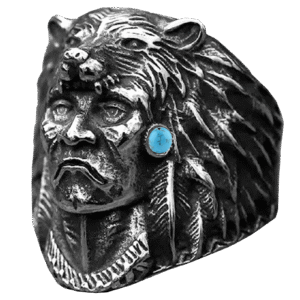Stainless Steel Chief Ring w/ Bear Headpiece & Turquoise