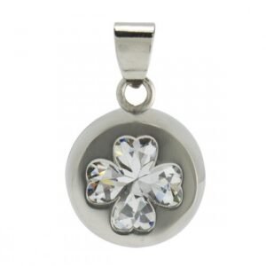 Stainless Steel Cylindrical Pendant with Clear Jeweled 4 Leaves Clover